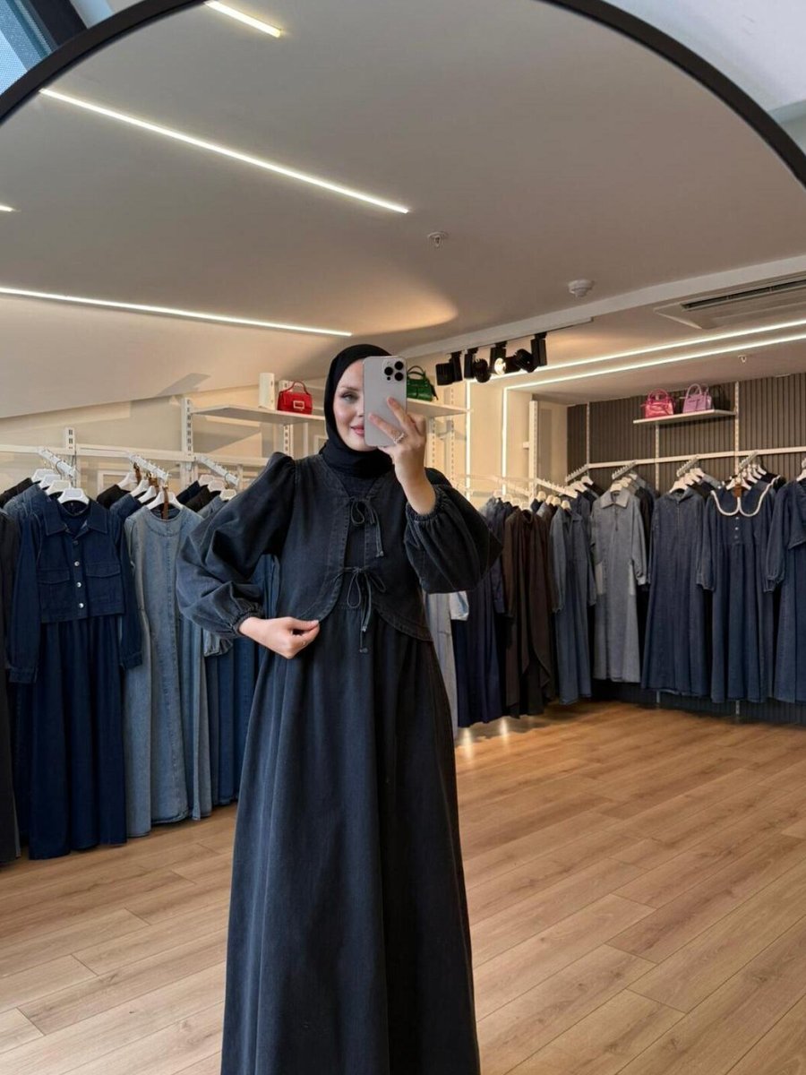 OlaLady Siyah Önden Kurdale Bağlamalı Kumaş Kot Elbise