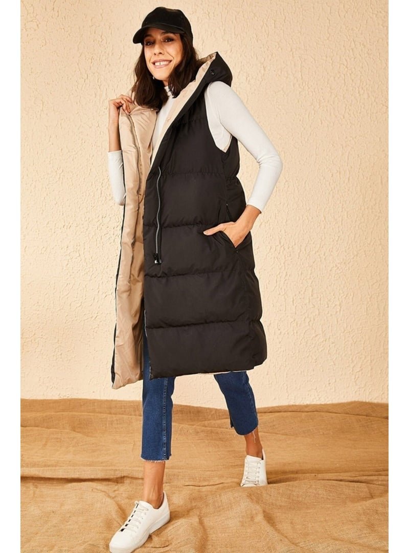 Volt Clothing Siyah Çift Taraflı Uzun Kapişonlu Kolsuz Şişme Yelek