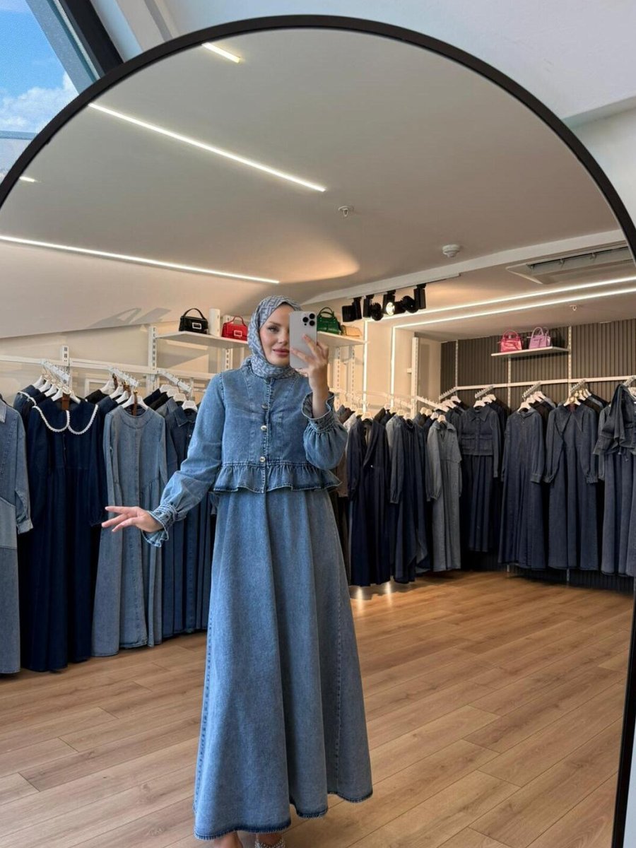 OlaLady Mavi Fırfır Detaylı Jile Ceket İkili Takım