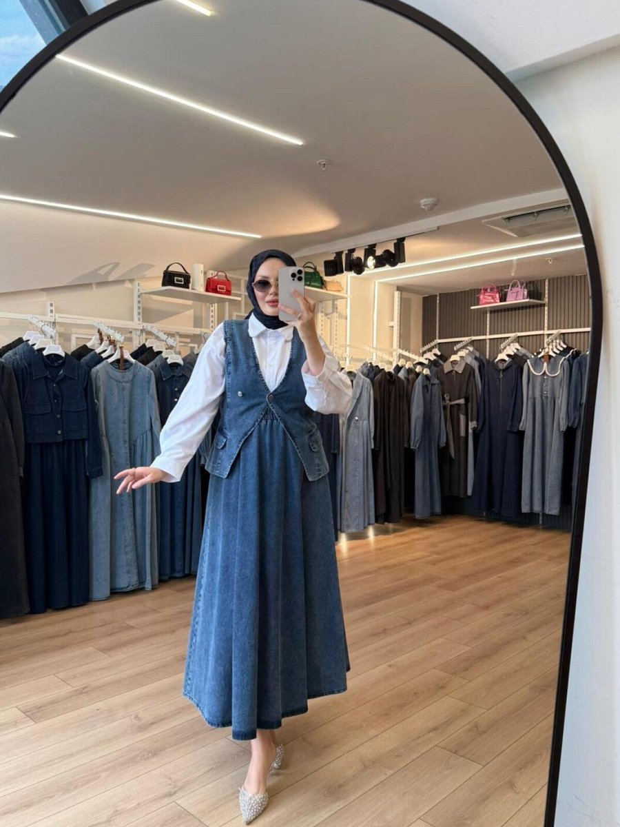 OlaLady Lacivert Çift Düğmeli Cep Kapaklı Yelek Etek Denim İkili Takım