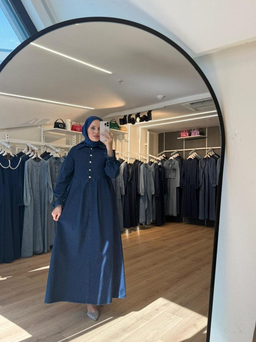 OlaLady Lacivert Önü Düğmeli Pile Detaylı Denim Elbise
