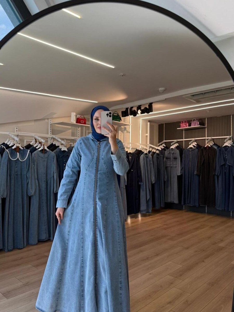 OlaLady Mavi Dalga Dikişli Kapişonlu Denim Kap Pardesü