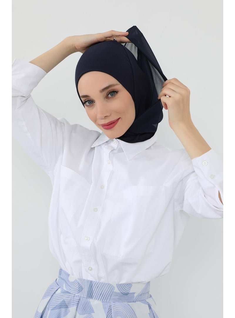 Aisha`s Design Lacivert Boyun Kapatıcı Özellikli Şifon Kapüşonlu Penye Bone,b