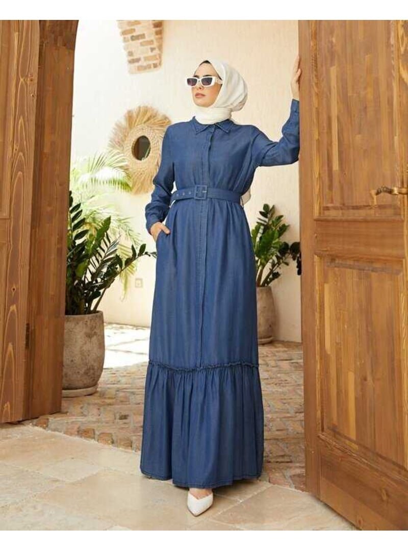 Neways Koyu Mavi Denim Kemerli Tensel Elbise