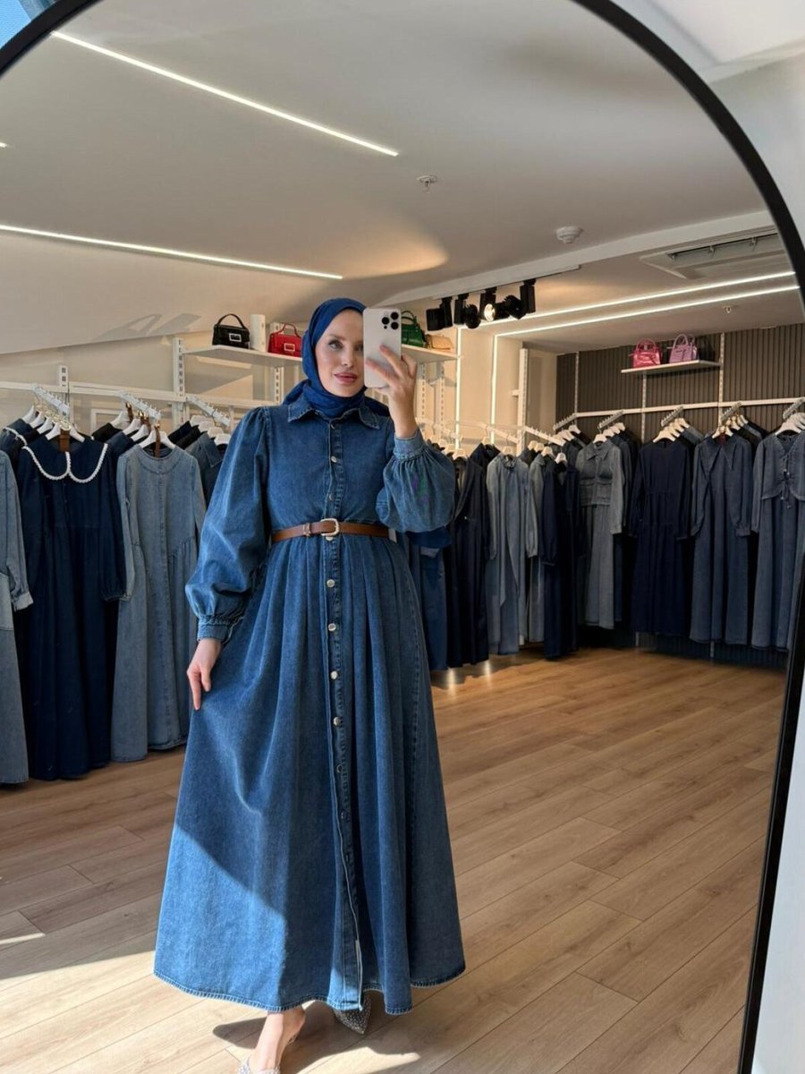 OlaLady Mavi Önden Full Düğmeli İnce Kemerli Denim Kot Pardesü