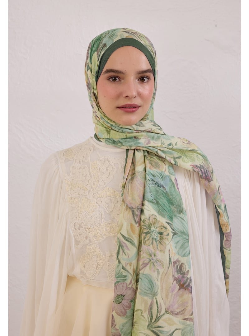 FRESHSCARFS Yeşil Vıntage Garden Desen Rami Şal Koyu