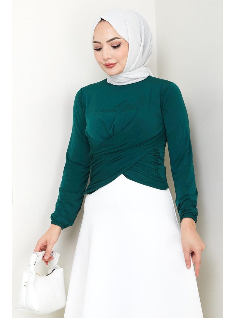 Hafsa Mina Bisiklet Yaka Büzgülü Sandy Bluz Zümrüt