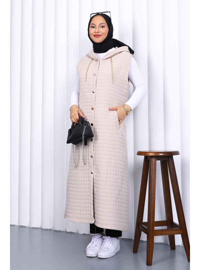 İmaj Butik Taş Kapüşonlu Kapitone Uzun Yelek