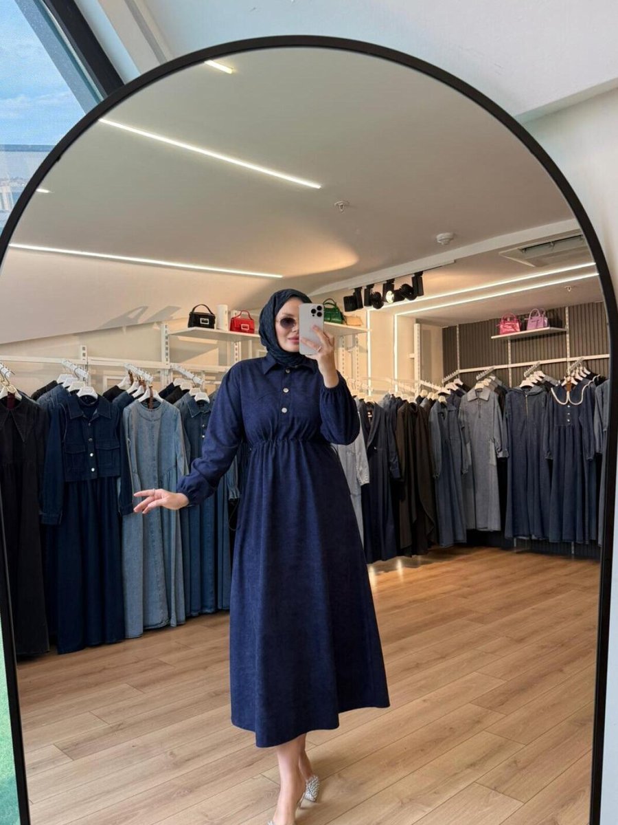 OlaLady Lacivert Beli Büzgülü Süet Kumaş Elbise