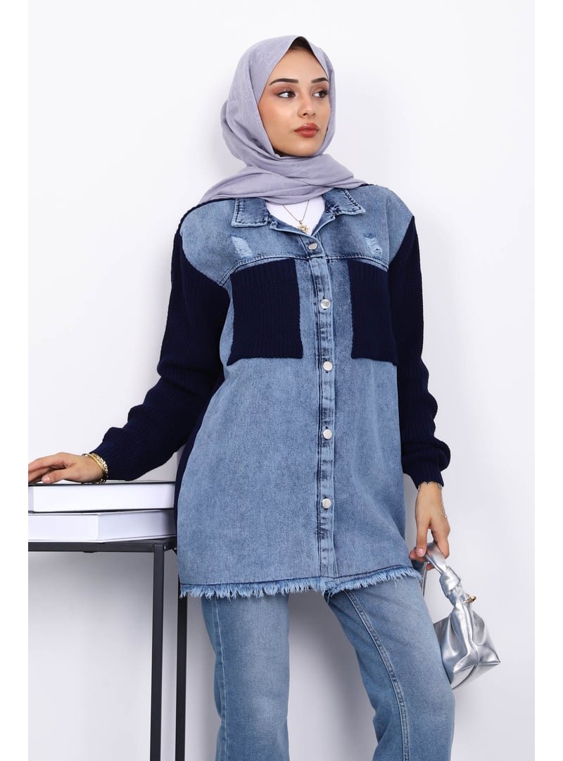 İmaj Butik Lacivert Kot Garnili Triko Hırka