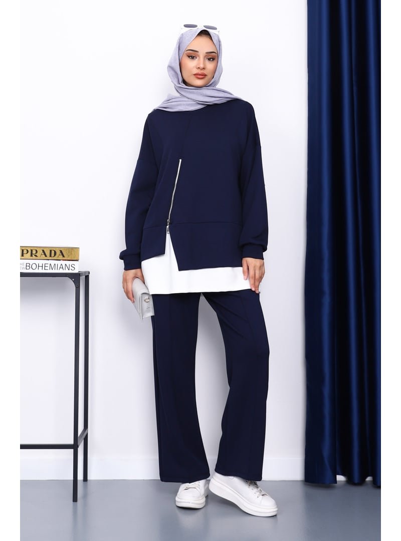 İmaj Butik Lacivert Fermuar Detaylı Modal Tunik Pantolonlu Takım