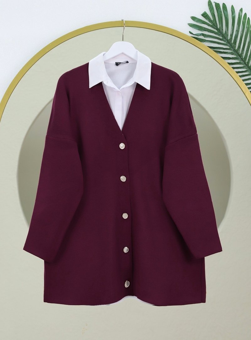 Podyumplus Bordo V Yaka Düğmeli Oversize Triko Hırka