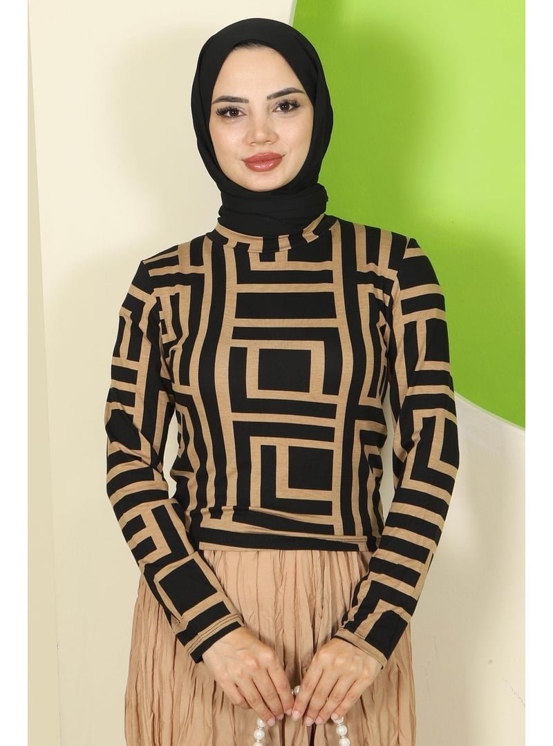 Hafsa Mina Kahverengi Labirent Desenli Bisiklet Yaka Body Hafsa Mina Kahverengi Labirent Desenli Bisiklet Yaka Body