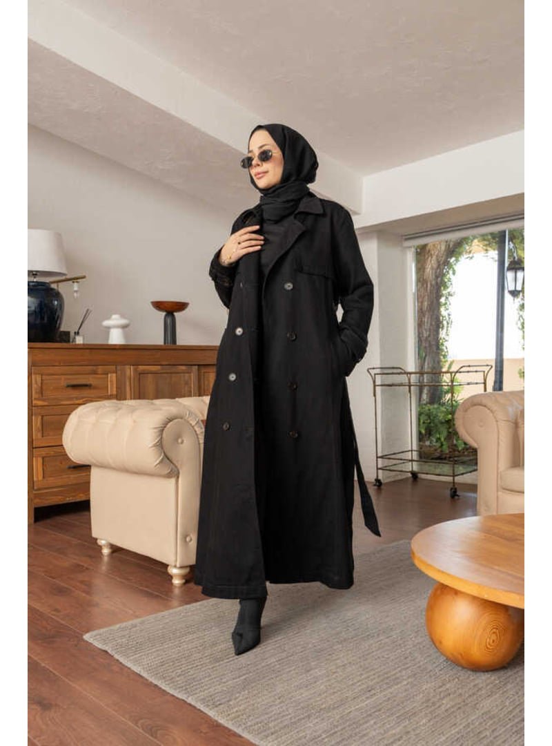 Neways Siyah Allerli Denim Trençkot