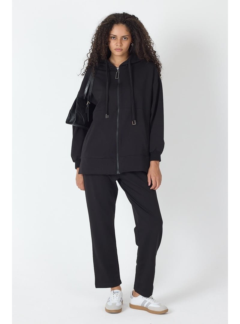 BASICPARK Siyah Fermuar Kapamalı Kapüşonlu Sweatshirt Ve Bol Paça Pantolon Pamuklu Örme Alt Üst Takım