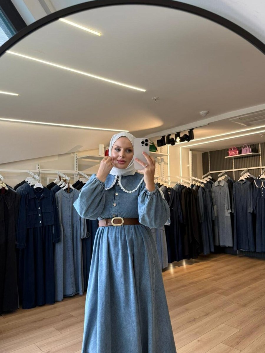OlaLady Mavi Güpürlü Bebe Yaka Deri Kemerli Teettür Denim Kot Elbise