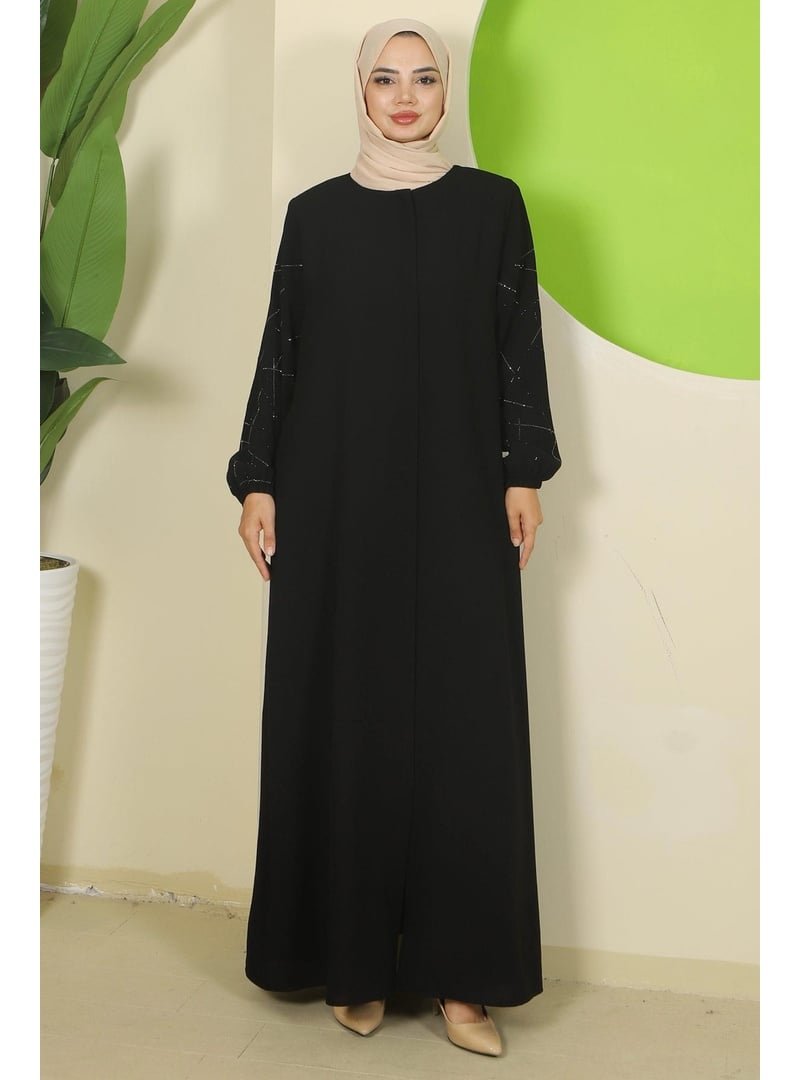 Hafsa Mina Siyah Kolları Taşlı Büyük Beden Ferace