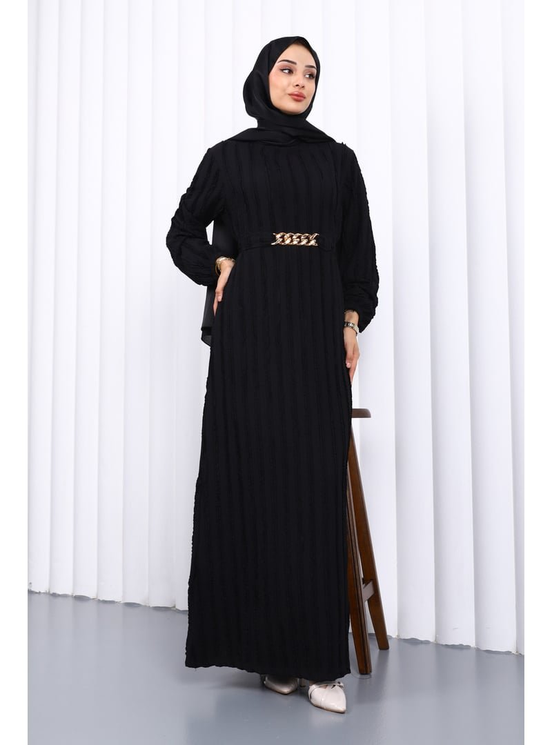 İmaj Butik Siyah Beli Kemerli Fırfır Detaylı Gofre Elbise