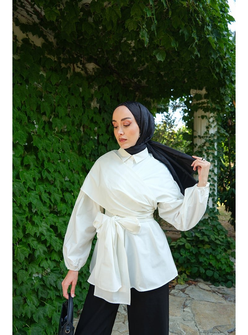 Locco Moda Beyaz Omuz Bağlamalı Poplin Gömlek