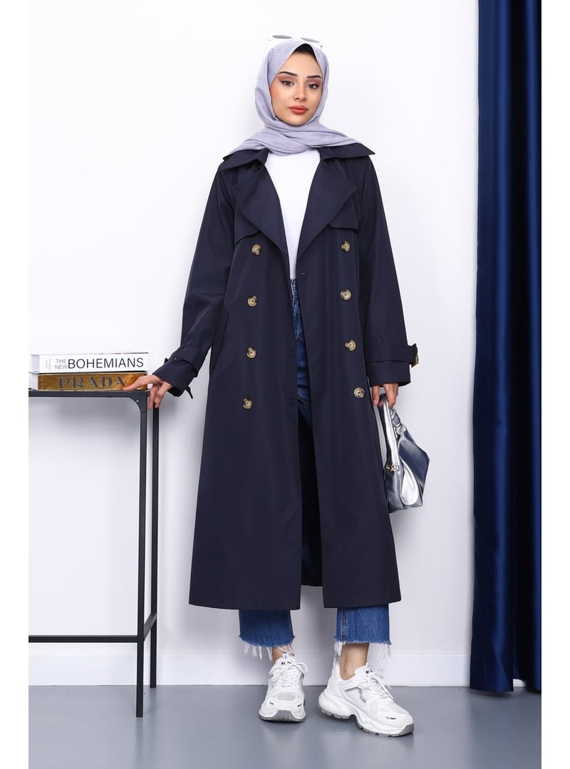 İmaj Butik Lacivert Kravuze Yaka Kuşaklı Trençkot