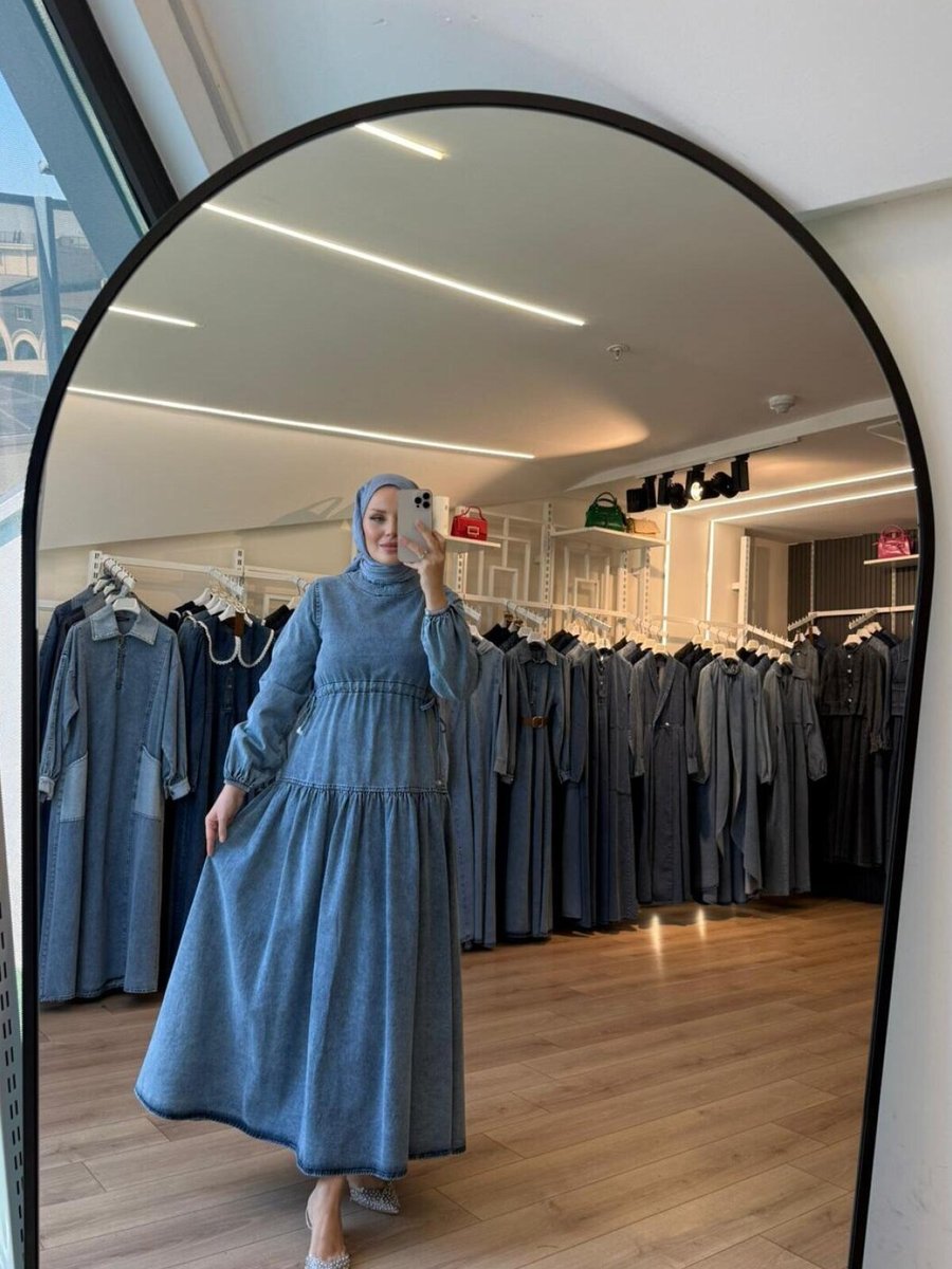 OlaLady Mavi Beli Büzgülü Bağcıklı Eteği Katlı Kloş Denim Elbise