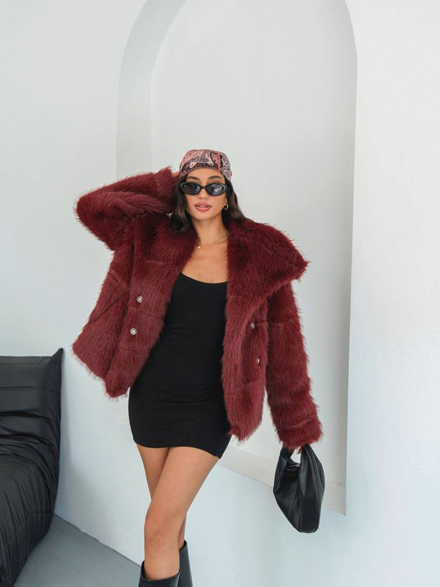 XXL BUTİK Bordo Astarlı Kürk Kaban