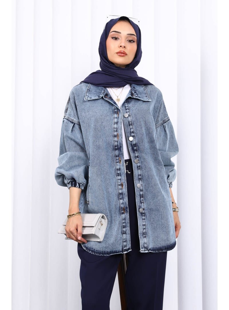 İmaj Butik Mavi Kol Lastikli Cepli Kot Ceket
