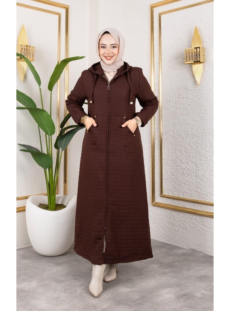 Harmatime butik Kapüşonlu Fermuarlı Cepli Kahverengi Kapitone Uzun Kap