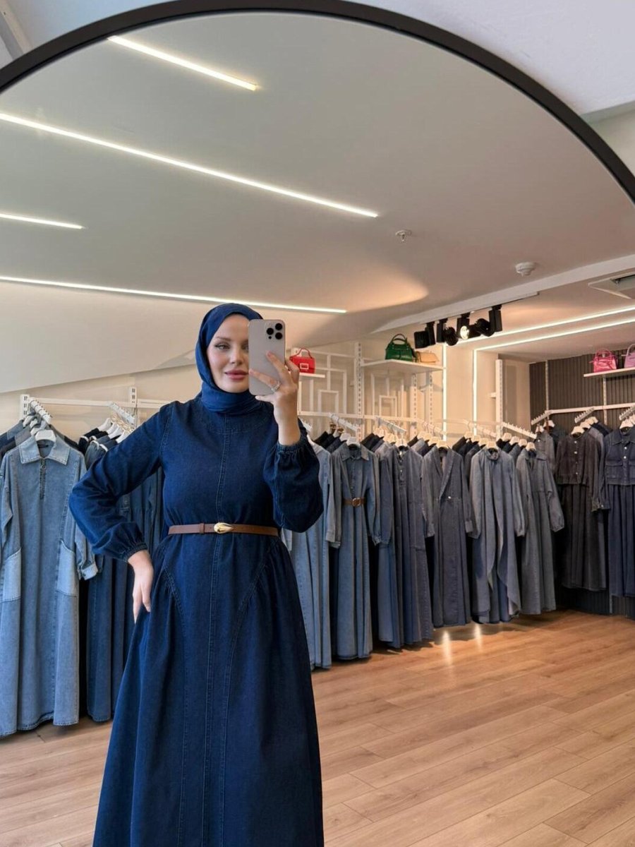 OlaLady Lacivert Prenses Etekli Denim Kot Elbise