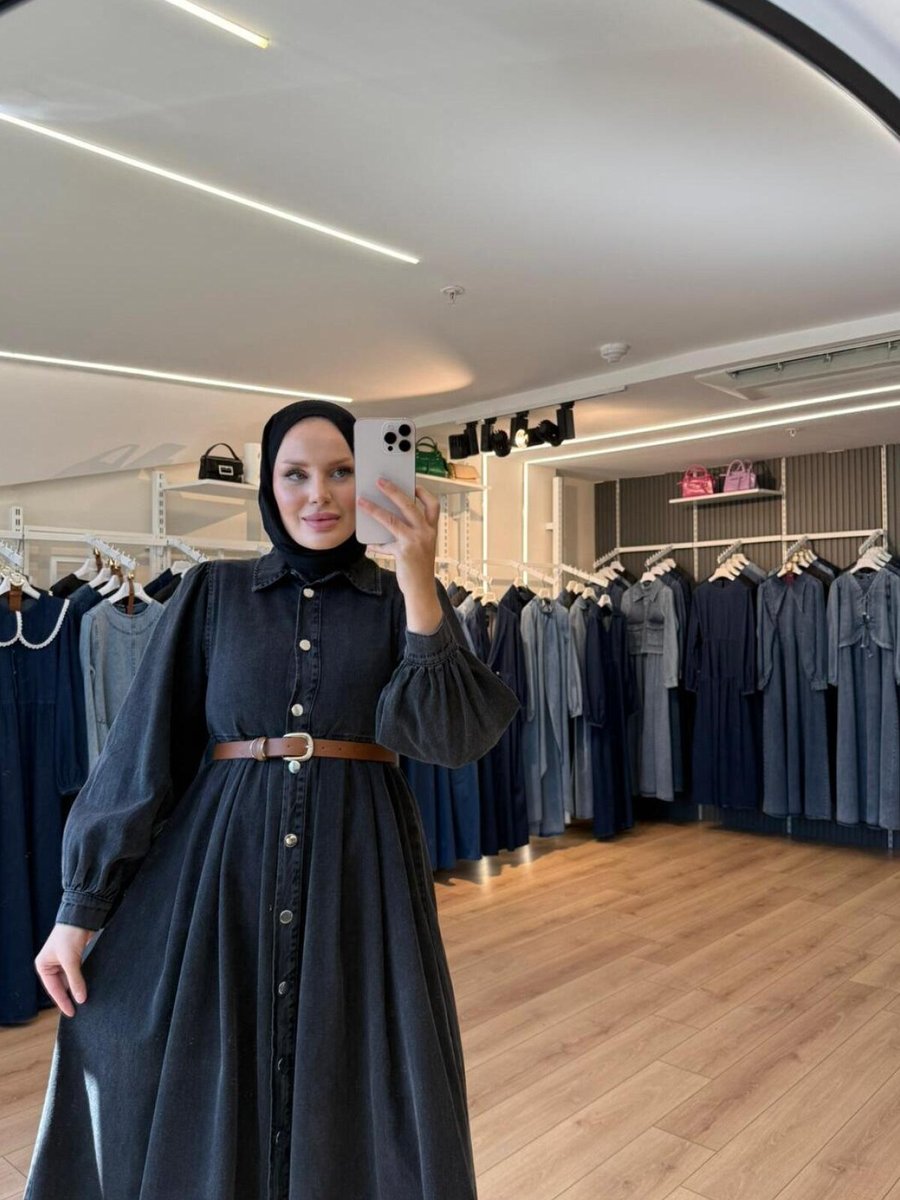 OlaLady Siyah Önden Full Düğmeli İnce Kemerli Denim Kot Pardesü