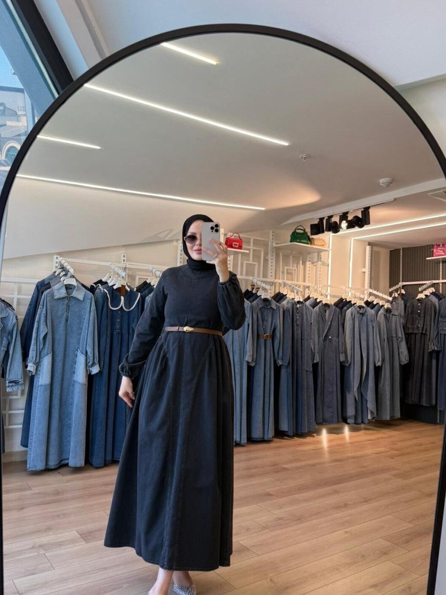 OlaLady Siyah Prenses Etekli Denim Kot Elbise
