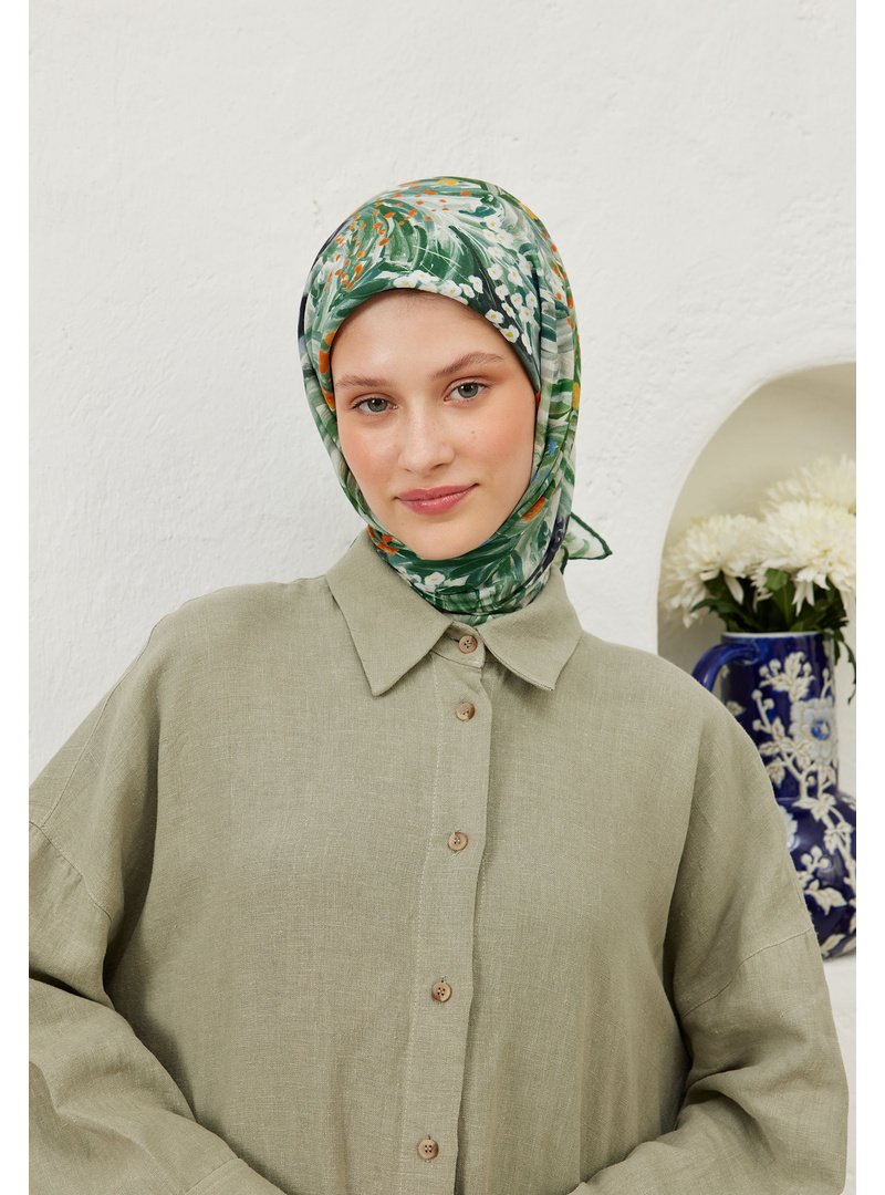 FRESHSCARFS Yeşil Botanic Desen Pamuk Vual Eşarp
