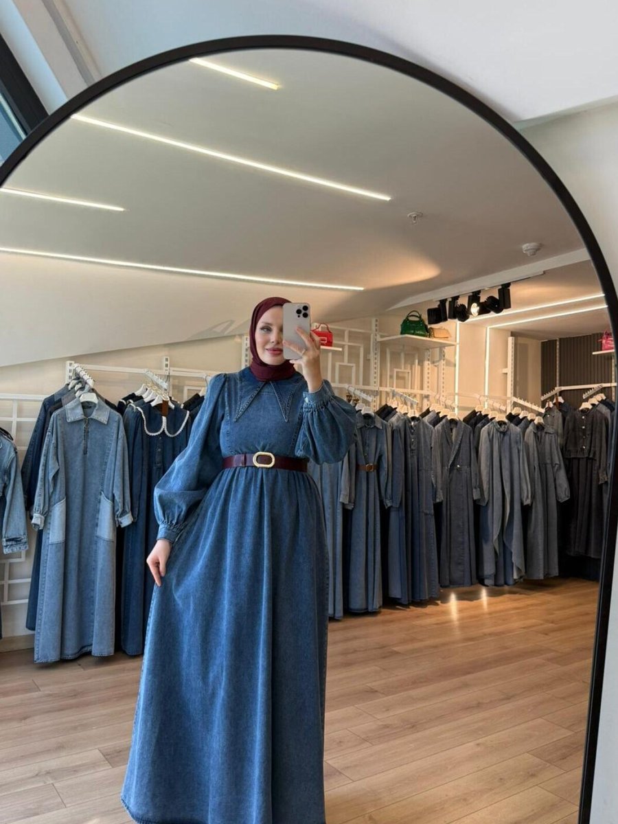 OlaLady Mavi Sivri Yaka Balon Kollu Tessettür Denim Kot Pardesü