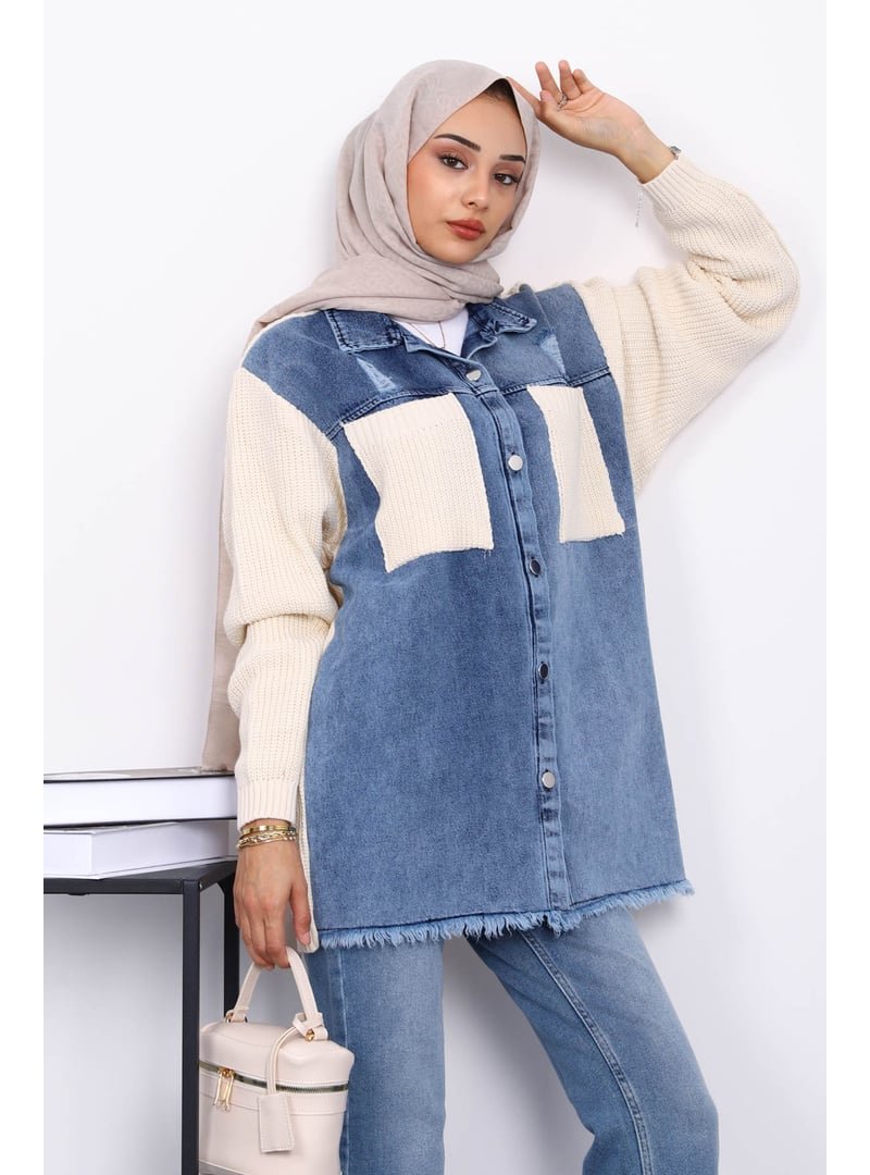 İmaj Butik Krem Kot Garnili Triko Hırka