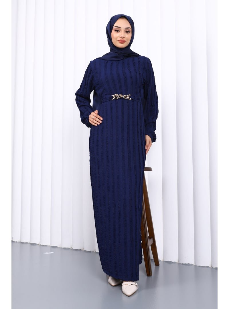 İmaj Butik Lacivert Beli Kemerli Fırfır Detaylı Gofre Elbise