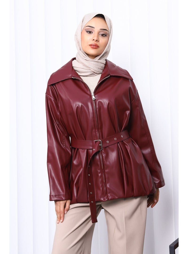 İmaj Butik Mürdüm Kemerli Deri Ceket