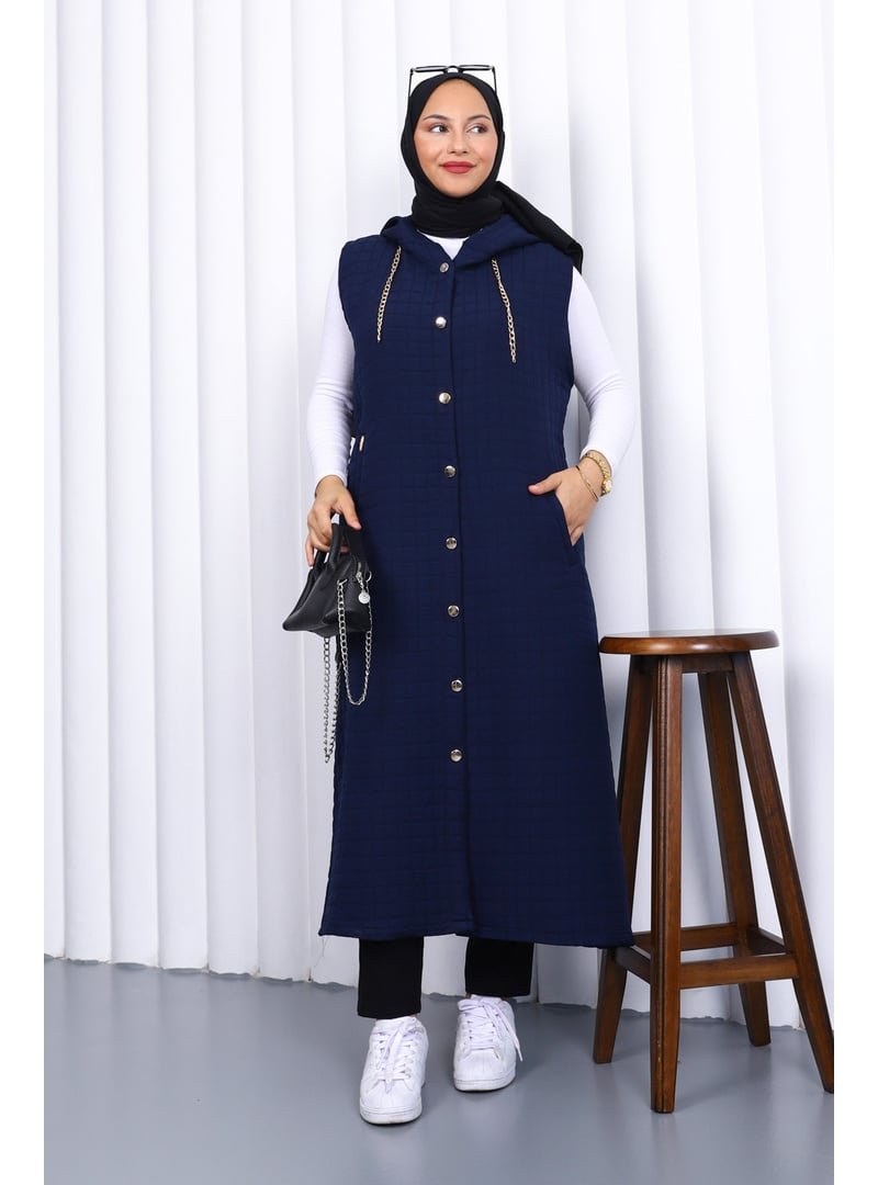 İmaj Butik Lacivert Kapüşonlu Kapitone Uzun Yelek