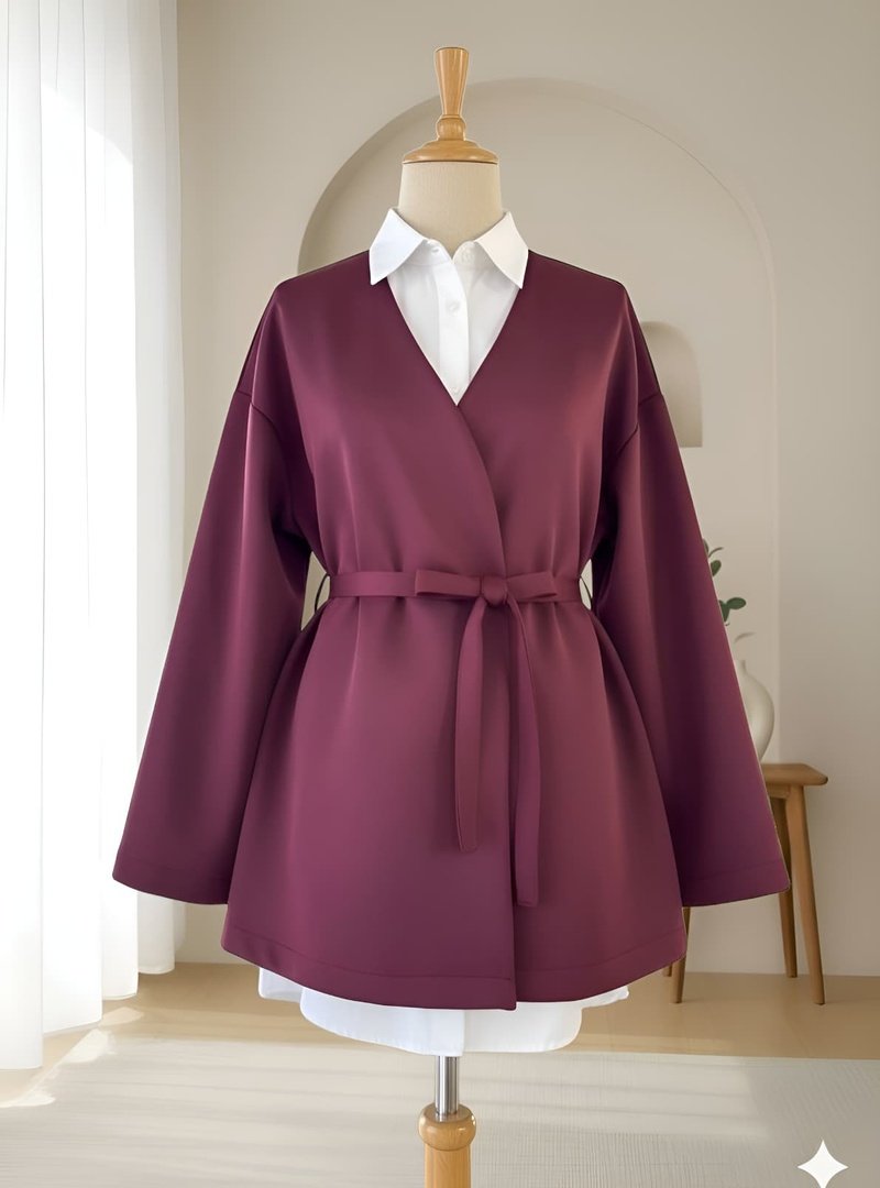 Podyumplus Bordo Beli Kuşaklı V Yaka Scuba Kimono