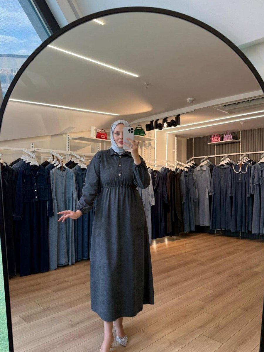 OlaLady Gümüş Beli Büzgülü Süet Kumaş Elbise