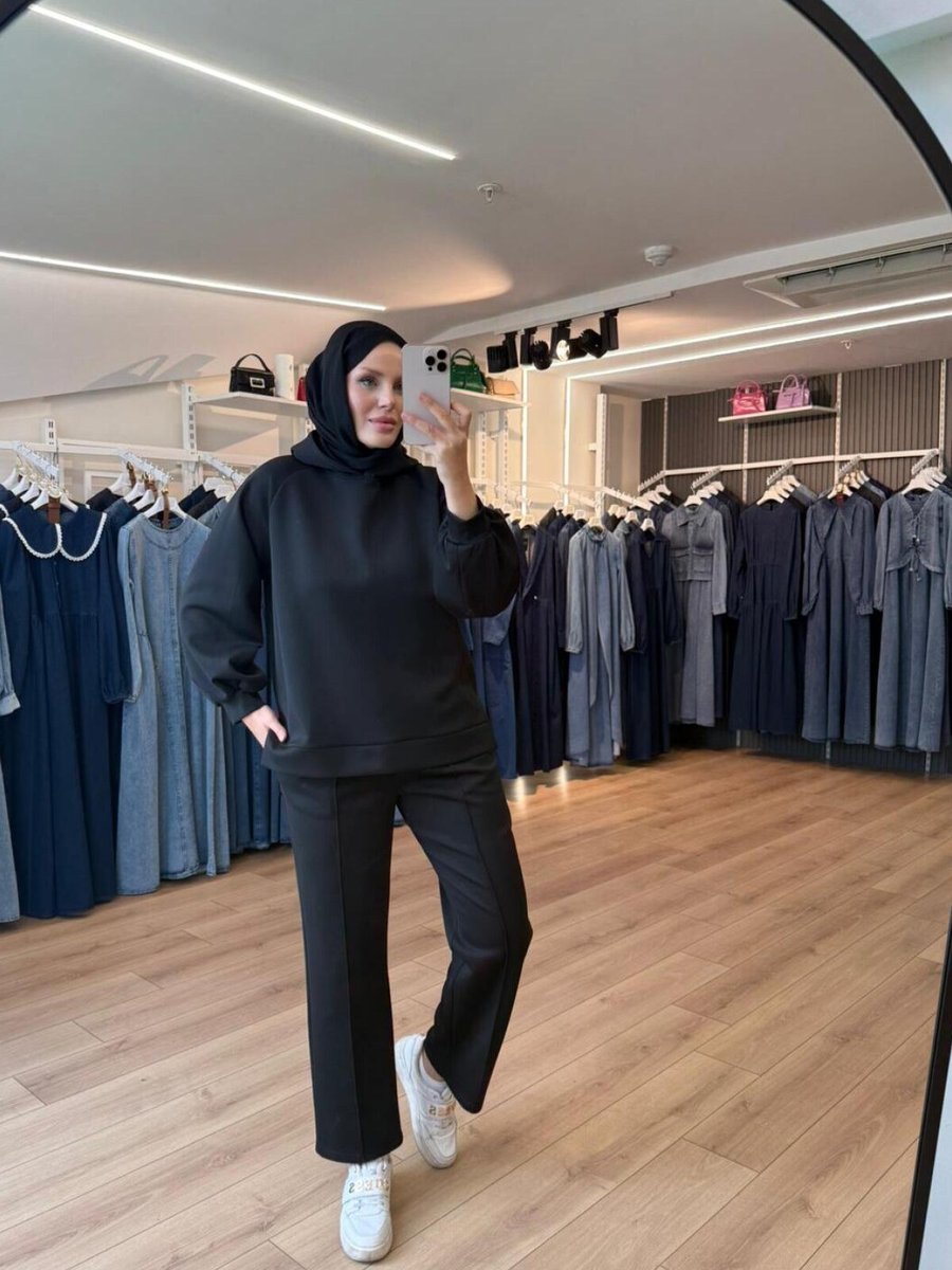 OlaLady Siyah Pamuklu Kumaş Alt Üst İkili Takım