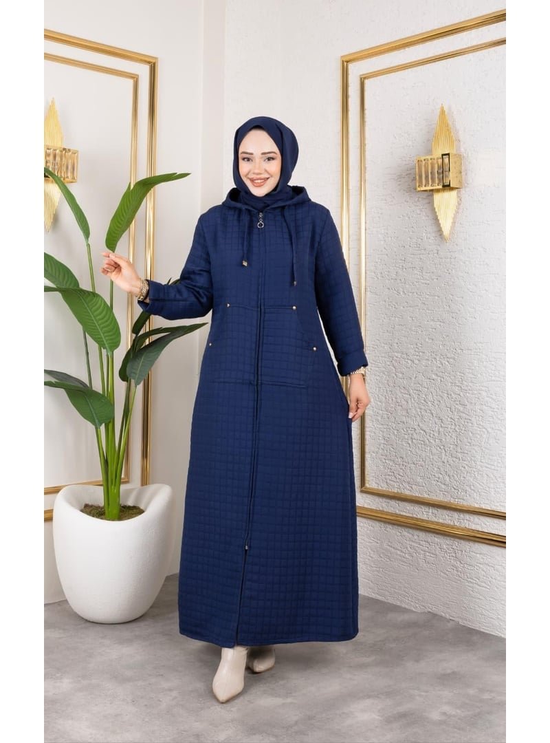 Harmatime butik Kapüşonlu Fermuarlı Cepli Lacivert Kapitone Uzun Kap