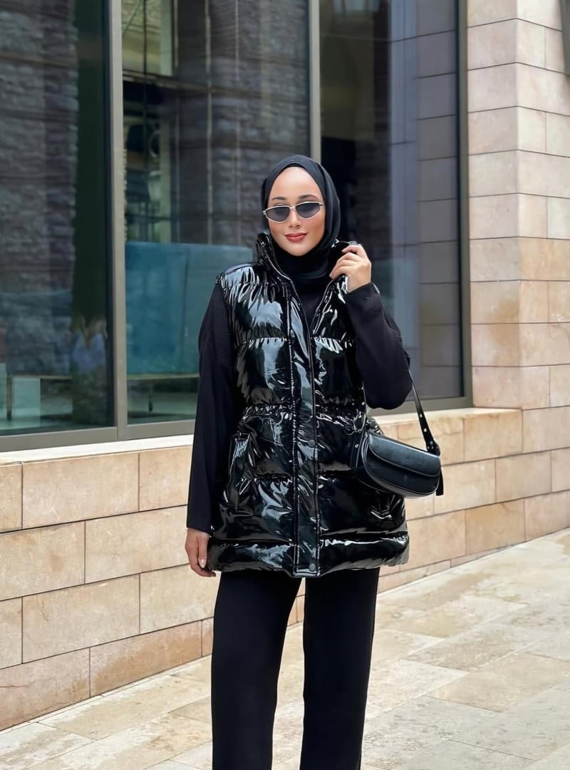 Harmatime butik Siyah Parlak Fermuarlı Çıt Çıtlı Cepli Şişme Yelek