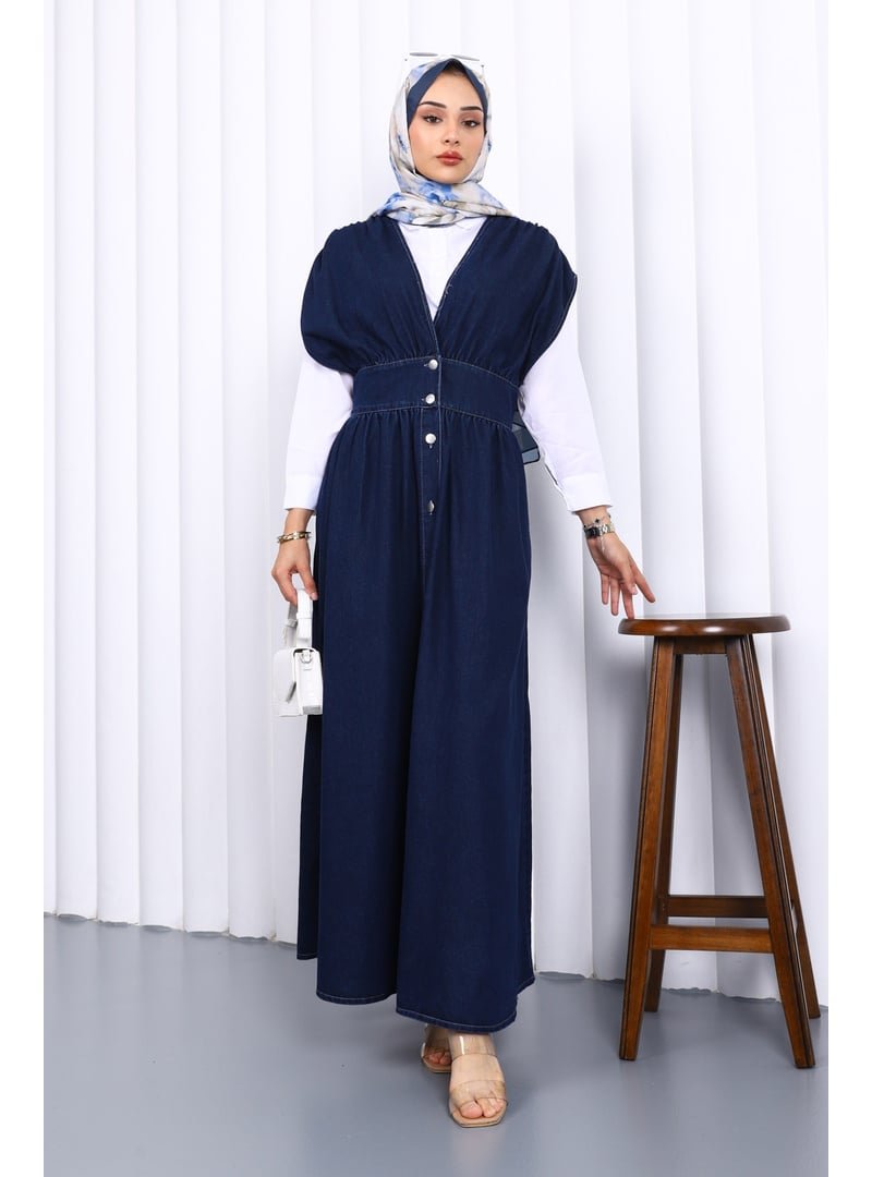 İmaj Butik Lacivert Kruvaze Yaka Düğmeli Kot Elbise
