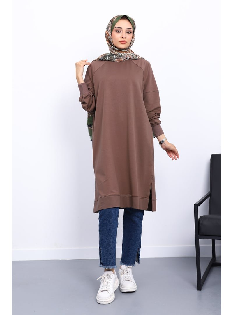 İmaj Butik Kahverengi Yanları Yırtmaçlı Modal Tunik