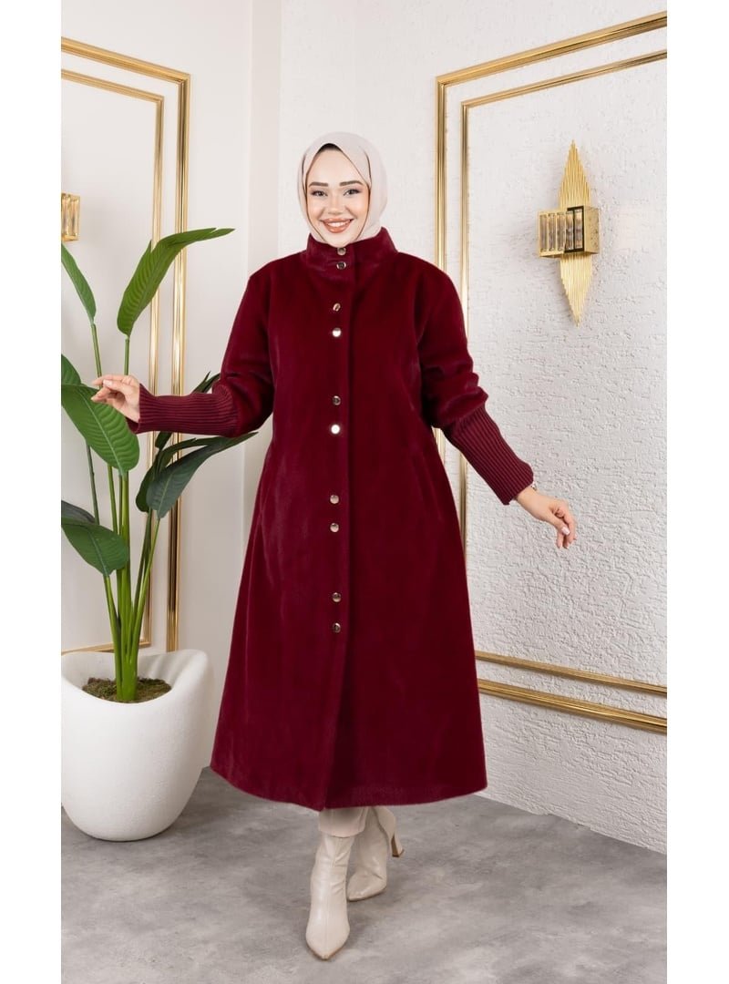 Harmatime butik Astarlı Angora Düğmeli Bordo Kaban