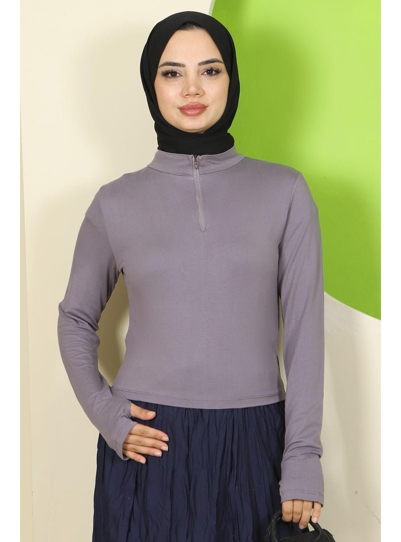 Hafsa Mina Gri Yarım Fermuarlı Body