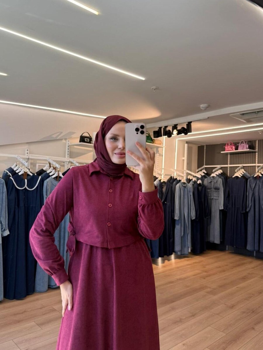 OlaLady Bordo Yanları Bağlamalı Yelekli Süet Elbise
