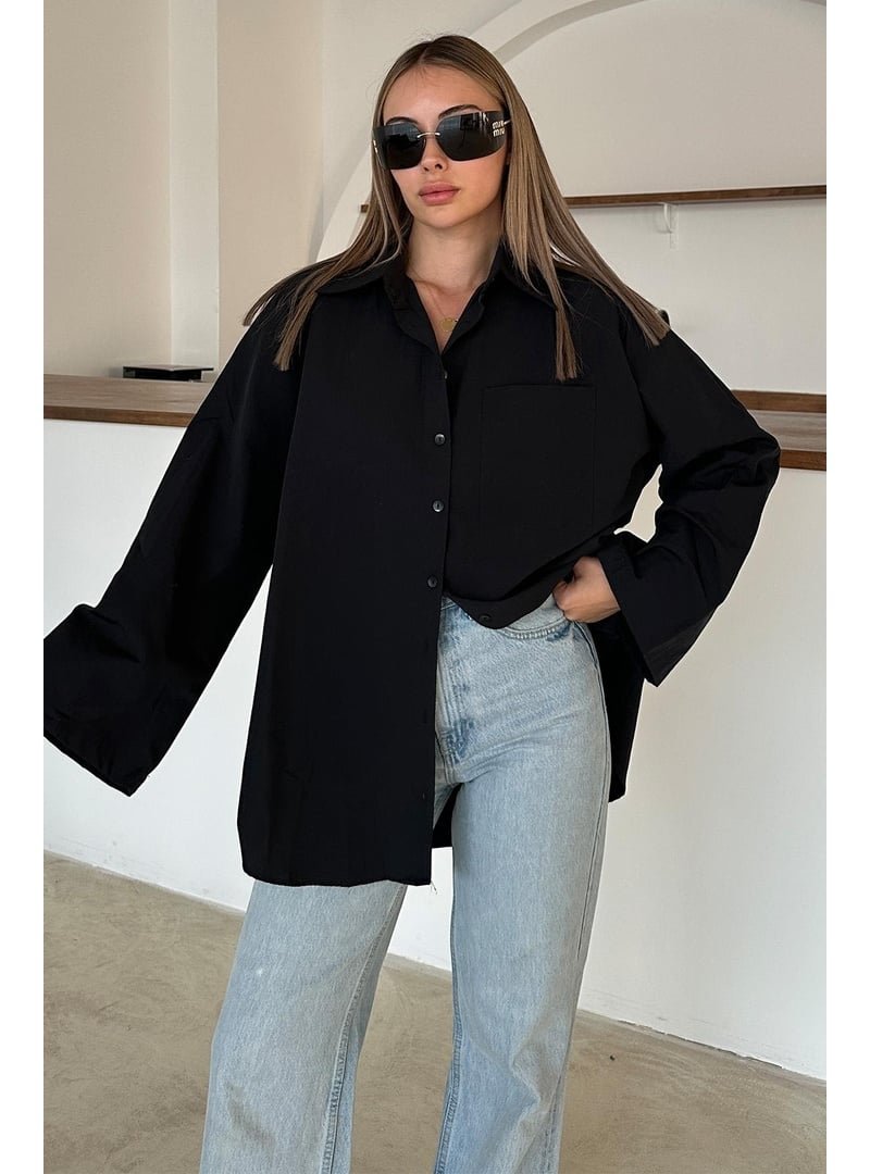 Olcay Siyah İspanyol Kol Salaş Pamuklu Gömlek Olcay Siyah İspanyol Kol Salaş Pamuklu Gömlek