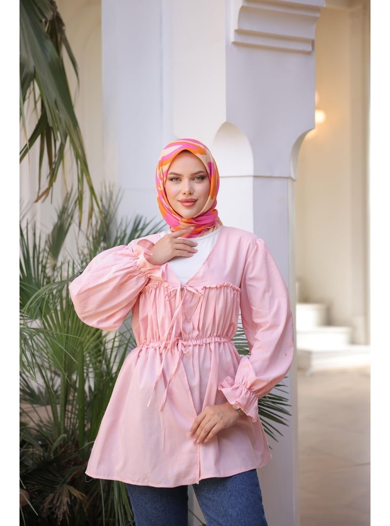 Nergis Neva Beli Büzgülü Lastikli Kimono Tunik