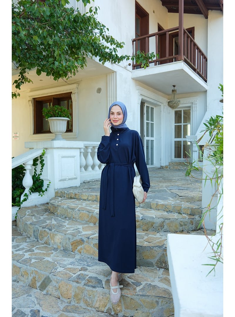 Locco Moda Lacivert Yüksek Yaka Çıtçıtlı Elbise